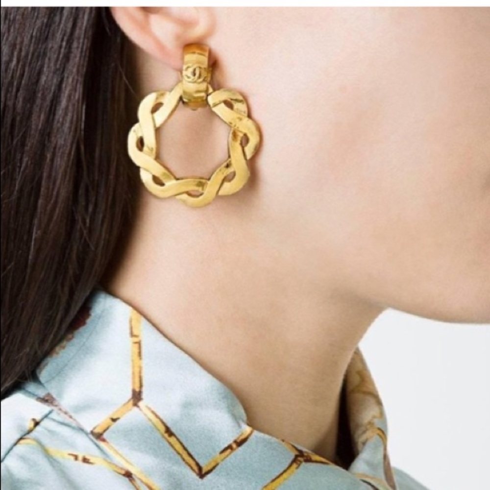 Chanel Gold Textured Braided Round Huggie Hoop